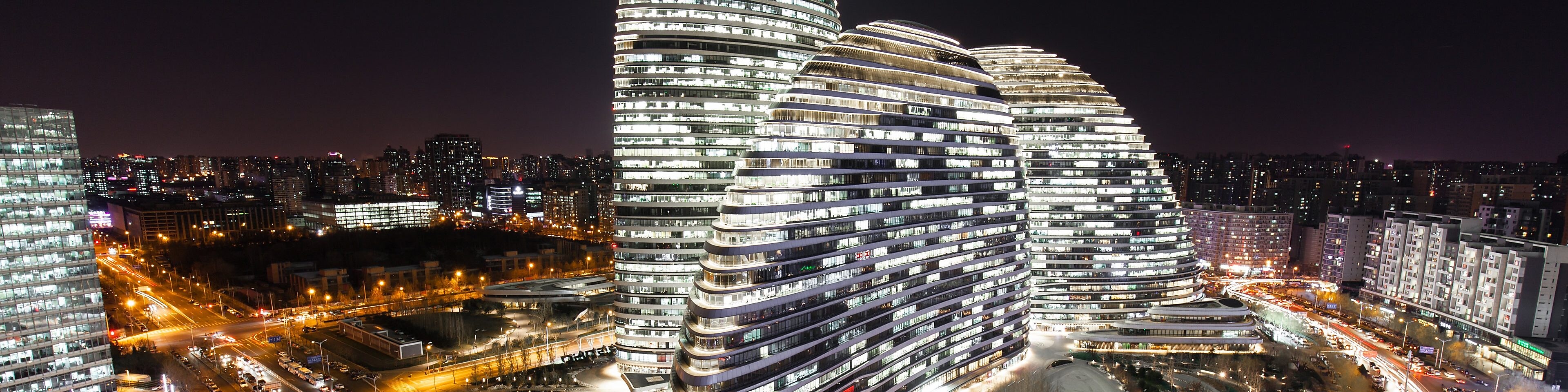 Elevated view of Wangjing SOHO in Beijing, a creative financial area.